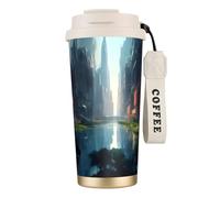 fifbird 316 Stainless Steel The City on The Water Double Drink Coffee Cup White, Insulated Travel Mug with Straw, Portable