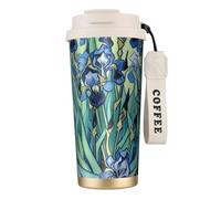fifbird Art Painting Flower Floral Double Wall Vacuum Insulated Coffee Tumbler Purple Floral 316 Stainless Steel Travel Mug with Handle and Straw Leakproof Water Cup