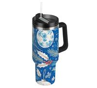 fifbird Blue and White Merry Christmas Holly Bell Vacuum Reusable 40 oz Water Bottle Leak-Proof Lid and Straw Decorative Insulated Coffee Mug for School, Sports, Daycare, Camp & More vasos para agua