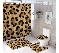fifbird Leopard Print Shower Curtain Sets 4 Piece Bathroom Shower Curtain Set with Rugs Faux Fur Cheetah Shower Curtain for Bathtub Decor 12 Hooks 72 x 72 Inch Shower Curtain Bathroom Mat