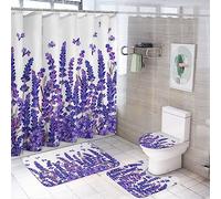 fifbird Modern Rustic Lavender Flower Shower Curtain Sets 4 Piece,Abstract Spring Garden Purple Lilac Floral Bathroom Decor Sets with Rugs Include Non-Slip Toilet Lid Cover Bath Mat