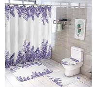 fifbird Modern Rustic Lavender Flower Shower Curtain Sets 4 Piece,Abstract Spring Garden Purple Lilac Floral Bathroom Decor Sets with Rugs Include Non-Slip Toilet Lid Cover Bath Mat