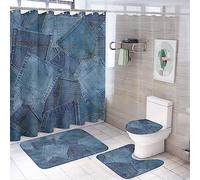 fifbird Rustic Navy Blue Denim Print 4 Piece Shower Curtain Sets,Abstract Retro Jeans Denim Pattern Star Design Non-Slip Rugs,Toilet Lid Cover and Bath Mat,Durable and,for Bathroom Decor Set