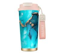 fifbird Trendy Abstract Teal Gold Swirls,316 Stainless Steel Coffee Mug with Lanyard,Insulated Tumbler Double Wall Travel Car Cup 500 ml