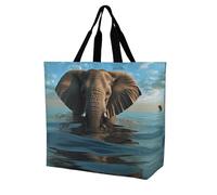 fifbird Unisex Elephant Is Sitting in The Water Reusable Foldable Casual Stylish Grocery Shopping Shoulder Bags Tote Bag For Beach Travel Work School