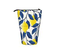 fifbird Yellow Lemons Telescopic Pencil Case Stand Up Pen Bag Tropical Fruits with Blue Leaves Exotic Hawaii Style Pencil Organizer,Portable Pencil Bag for School Office