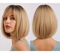 FIFIGO Bob Blonde Wig with Bangs Short for Women Ombre Straight Natural Heat Resistant Fiber Human Hair Wig 14 Inch for Daily Use Party