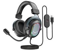 FIFINE Gaming Headset with Microphone, Over Ear Headphones with Cable, USB Headset for PC PS4 PS5, RGB Headphone with 3 EQ Modes, Surround Sound and Ear Pads