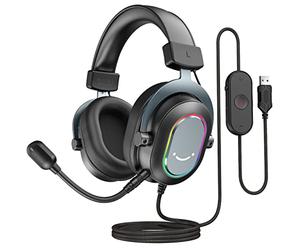 FIFINE Gaming Headset with Microphone, Over Ear Headphones with Cable, USB Headset for PC PS4 PS5, RGB Headphone with 3 EQ Modes, Surround Sound and Ear Pads