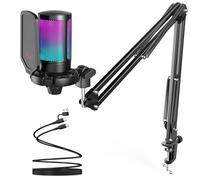 FIFINE Gaming PC USB Microphone, Podcast Condenser Mic with Boom Arm, Pop Filter, Mute Button for Streaming, Twitch, Online Chat, RGB Computer Mic for PS4/5 PC Gamer Youtuber-AmpliGame A6T