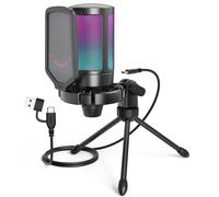FIFINE Gaming USB Microphone for PC PS5, RGB Condenser Microphone with Tap-to-Mute Button, Shock Mount, Pop Filter, Gain Control for Streaming Podcas