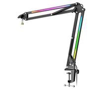 FIFINE Microphone Boom Arm, Metal Mic Arm Stand with RGB Control, 3/8” to 5/8” Screw Adapter, Desk Mount Clamp, Suspension Scissor Microphone Stand for Gaming Streaming-AmpliGame BM38 Black