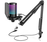 FIFINE USB Gaming Microphone Kit for PC PS5, Computer Condenser Microphone with RGB, Quick Mute, Gain Control, Boom Arm Stand, Shock Mount, Pop Filte