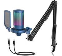 FIFINE USB Gaming Streaming Recording PC Microphone Kit, RGB Condenser Computer Mic Bundle for Podcasts, Audio, Vocal, Video on Mac/Desktop/Laptop, with Boom Arm Stand-A6T Blue