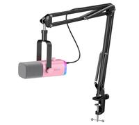 FIFINE XLR Gaming Microphone USB, PC Dynamic Microphone Kit for Vocal, Recording, Podcast, Streaming RGB Mic with Headphone Jack, Mute Button, Boom Arm Stand for Computer/Mixer-AmpliGame AM8T Pink
