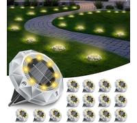 FIFlying 16 Pack Solar Ground Lights Outdoor, IP65 Waterproof Diamond LED Garden Lights - Auto On/Off Pathway Lighting for Driveway, Patio, Lawn & Landscape Decor | 8 Bright LEDs | Warm White
