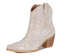 FIFSY Women Rhinestone Cowboy Boots Glitter Chunky Heel Sparkly Cowgirl Ankle Boots…, Beige, 8 UK