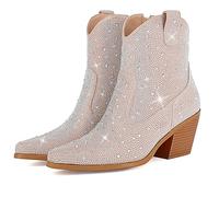 FIFSY Women Rhinestone Cowboy Boots Glitter Chunky Heel Sparkly Cowgirl Ankle Boots, Beige Style2, 6 UK