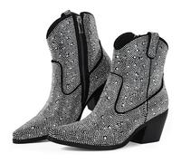 FIFSY Women Rhinestone Cowboy Boots Glitter Chunky Heel Sparkly Cowgirl Ankle Boots, Black Style2, 9.5