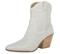 FIFSY Women Rhinestone Cowboy Boots Glitter Chunky Heel Sparkly Cowgirl Ankle Boots, Pearl-white, 5.5 UK