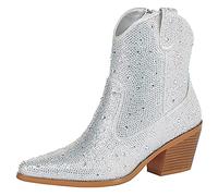 FIFSY Women Rhinestone Cowboy Boots Glitter Chunky Heel Sparkly Cowgirl Ankle Boots, Silver Style2, 4 UK