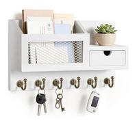FifthQuarter Key and Mail Holder for Wall: Easy Installation Key Holder for Wall with Shelf Rustic Farmhouse Key Rack for Home Entryway Decor with 6 Hooks (B-White)
