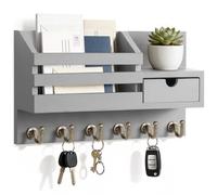 FifthQuarter Key and Mail Holder for Wall, Mail Organizer Wall Mount with 6 Hooks and Storage Drawer, Easy Installation Key Rack for Entryway and Home Decor (A-Grey)