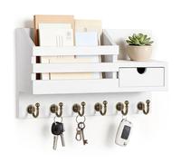 FifthQuarter Key and Mail Holder for Wall, Mail Organizer Wall Mount with 6 Hooks and Storage Drawer, Easy Installation Key Rack for Entryway and Home Decor (A-White)