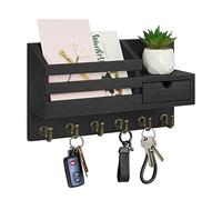 FifthQuarter Key and Mail Holder for Wall, Mail Organizer Wall Mount with 6 Hooks and Storage Drawer, Easy Installation Key Rack for Entryway and Home Decor (A-Black)
