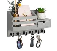 FifthQuarter Key and Mail Holder for Wall, Mail Organizer Wall Mount with 6 Hooks and Storage Drawer, Easy Installation Key Rack for Entryway and Home Decor (A-Grey)