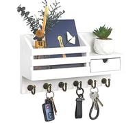 FifthQuarter Key and Mail Holder for Wall, Mail Organizer Wall Mount with 6 Hooks and Storage Drawer, Easy Installation Key Rack for Entryway and Home Decor (A-White)