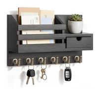 FifthQuarter Key and Mail Holder for Wall, Mail Organizer Wall Mount with 6 Hooks and Storage Drawer, Easy Installation Key Rack for Entryway and Home Decor (A-Black)