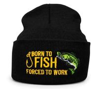 FifthRiver Carp Fishing Gifts for Men - Embroidered Born to Fish Force to Work Beanie Hat Knit Cap Fisherman Gift - Comfortable Breathable Soft - Winter Cuffed Hat