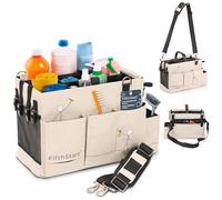 FifthStart Multipurpose Cleaning Caddy with Handle, Waist & Shoulder Strap - Nappy Caddy - 9 Pockets & Easily Cleaned - Sturdy & Portable Storage Box with Adjustable Compartments (Beige, Small)