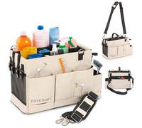FifthStart Multipurpose Cleaning Caddy with Handle, Waist & Shoulder Strap - Nappy Caddy - 9 Pockets & Easily Cleaned - Sturdy & Portable Storage Box with Adjustable Compartments (Beige, Small)