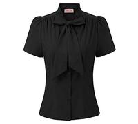Fifties Style Women Elegant Office Tops Short Sleeve Tied Shirt with Front Buttons Black#819 Large