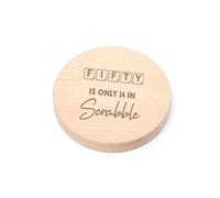 "Fifty Is Only 14 In Scrabble" Engraved Wood Coaster - Funny 50th Birthday Gift For Men or Women