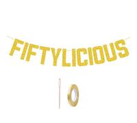 Fiftylicious Gold Glitter Banner - Elegant Happy 50th Birthday Party Decoration,for 50th Wedding Anniversary & Milestone Celebrations, Pre-Strung, 4 Feet Long