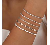 Figaro Chain Bracelet for Women, 5 Pack Metal Link Fashion Bracelet Set in Gold and Silver, Simple Elegant Minimalist Design, Alloy(5 Silver)