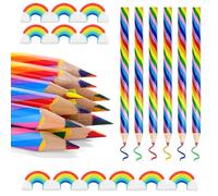 FIGFYOU 16 Pcs Rainbow Pencils + 16 Pcs Eraser, 4 In 1 Colored Pencils, Multicoloured Wooden Pencils for Kids, Students, Drawing, Writing, Sketching, Coloring