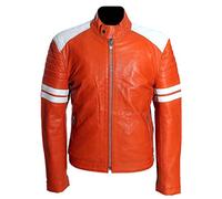 Fight Club Mayhem Orange / White Men's Real Lambskin Leather Movie Film Fashion Jacket (SIZES: XS TO 5XL Available) (S)