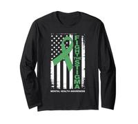 Fight The Stigma Green Ribbon Awareness American Flag Long Sleeve T-Shirt