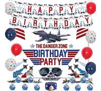 Fighter Jet Birthday Decorations, Airplane Theme Happy Birthday Backdrop Banner Cake Cupcake Toppers Pentagram Balloons Air Force Pilot Party Supplies for Bday