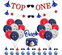 Fighter Jet First Birthday Decorations, Airplane Theme "Top One" Glitter 1st Birthday Banner Garland Red Blue Cake Cupcake Toppers Balloons for Boys Airplane 1st Birthday Supplies