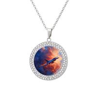 Fighter Jet through The Sky Women's Pendant Necklaces Round Inlaid Crystal Pendants Long Alloy Necklace Jewelry Gift