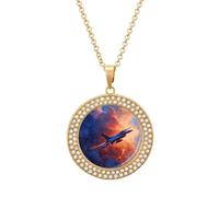 Fighter Jet through The Sky Women's Pendant Necklaces Round Inlaid Crystal Pendants Long Alloy Necklace Jewelry Gift