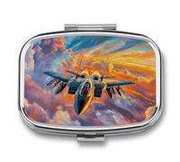 Fighter Plane Flying in The Clouds Pill Box 2-Compartment Portable Pill Case Square Metal Medication Organizer Small Weekly Medication Case with Mirror Stylish Vitamin Holder for Purse Pocket Travel