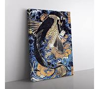 Fighting A Giant Carp By Utagawa Kuniyoshi Asian Japanese Canvas Wall Art Print Ready to Hang, Framed Picture for Living Room Bedroom Home Office Décor, 50x35 cm (20x14 Inch)