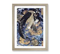 Fighting A Giant Carp By Utagawa Kuniyoshi Asian Japanese Framed Wall Art Print, Ready to Hang Picture for Living Room Bedroom Home Office Décor, Oak A4 (34 x 25 cm)