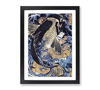 Fighting A Giant Carp By Utagawa Kuniyoshi Asian Japanese Framed Wall Art Print, Ready to Hang Picture for Living Room Bedroom Home Office Décor, Black A3 (34 x 46 cm)